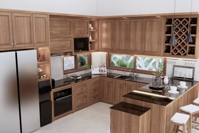 Desain Kitchen Set Warna Cokelat dan Material Motif Kayu
